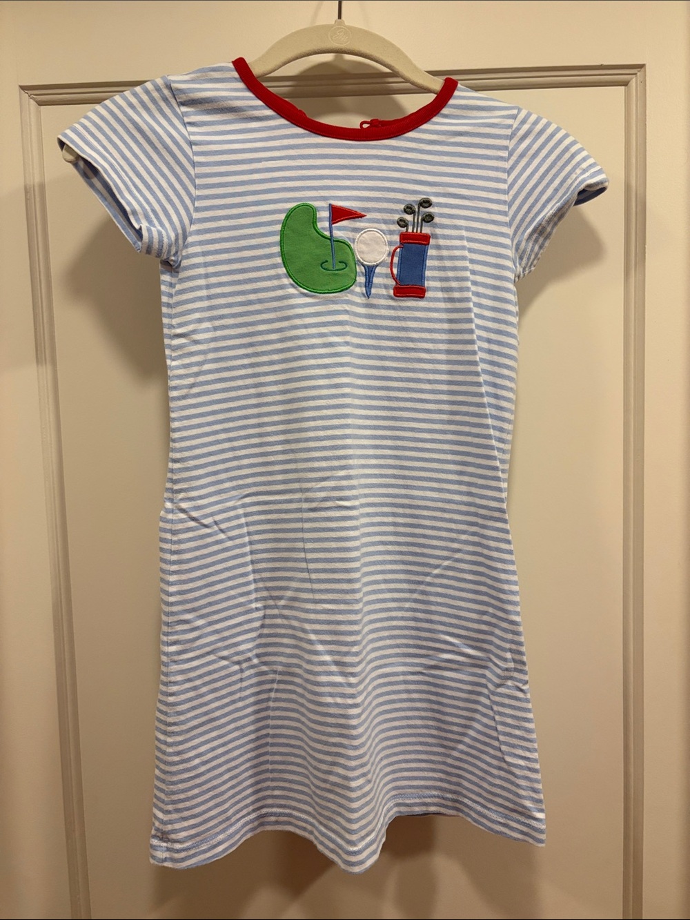 Girls' Light Blue Stripe Golf Appliqué Dress with Red Trim